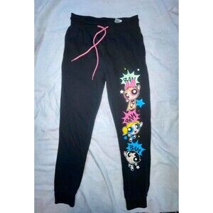 Vintage Cartoon Network Powerpuff Girls Graphic Joggers Sweatpants Black XS Y2K
